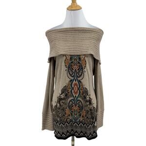 Cache Sweater Womens M Medium Multi Off The Shoulder Wool Blend Boho Print